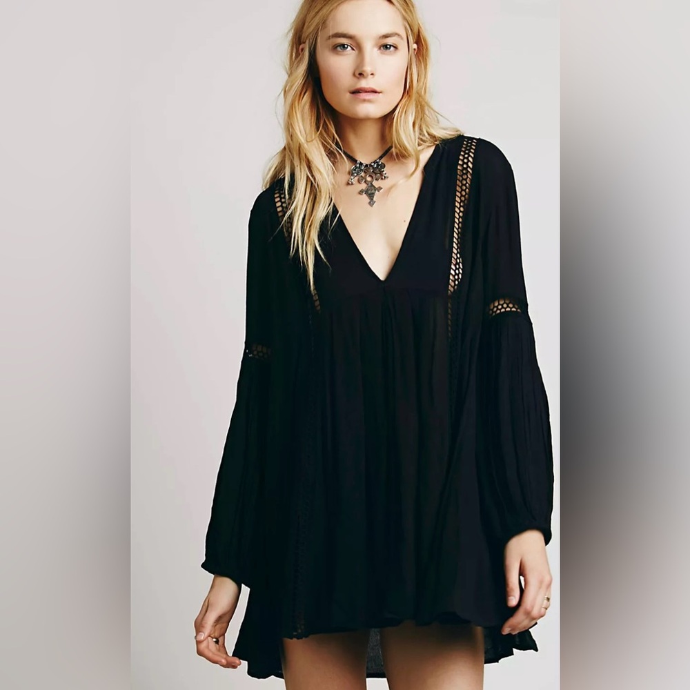 Free People Babydoll Lace Inset Swing Tunic Black Size XS